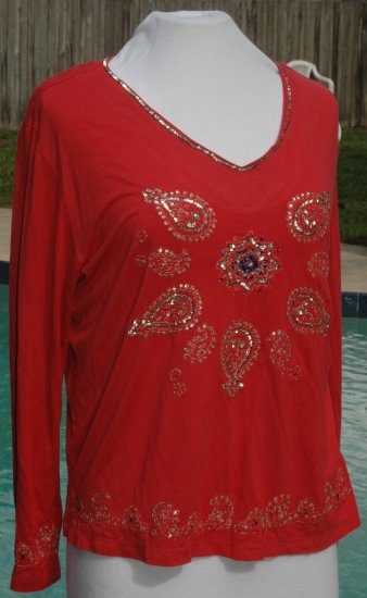 CHICO's Sequined Stretch V Neck Top - Size 2 Medium Large