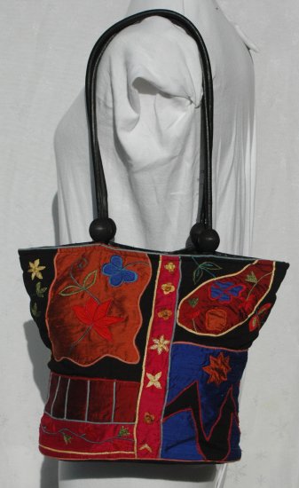 CHICOS Vibrant Silk & Leather Embroidered purse tote