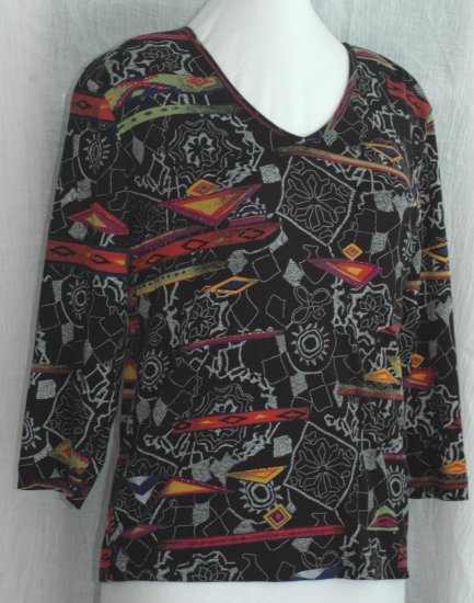 CHICO'S DESIGN Vibrant Beaded 3/4 sleeve stretch V Neck Top - Chico's Size 1 Small