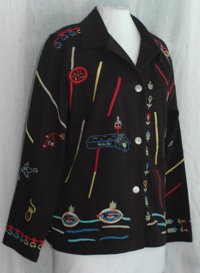 CHICO'S DESIGN Embroidered Black Cotton Jacket - Chico's Size 2