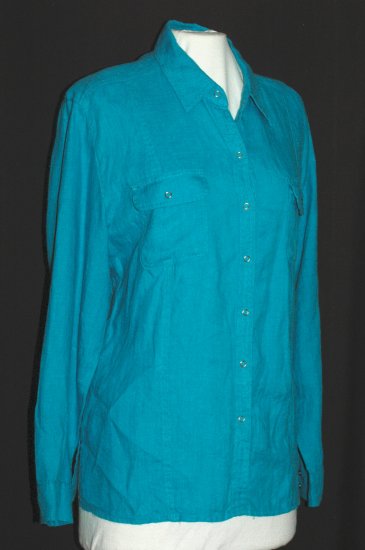 CHICO'S Long Sleeve Turquoise Blue Linen Blouse - Chico's Size 2 M L