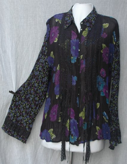 CHICO'S DESIGN Long Sleeve Ribbon & Lace Rayon Blouse - Chico's Size 1 S M