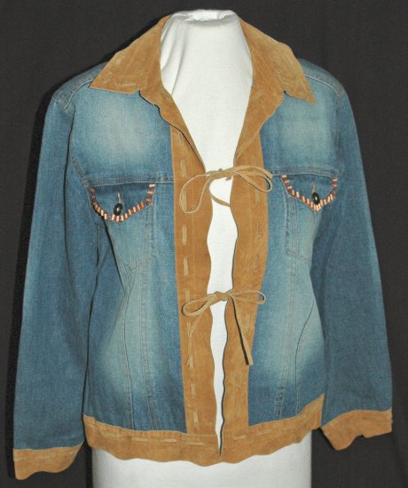 CHICO'S DESIGN Stretch Denim & Leather Tie Front Beaded Jacket Coat Blazer - Chico's Size 0