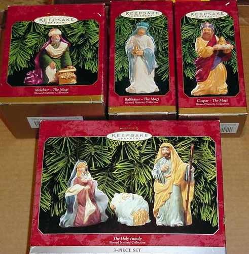 Hallmark Porcelain Blessed Nativity & 3 Magi Ornaments