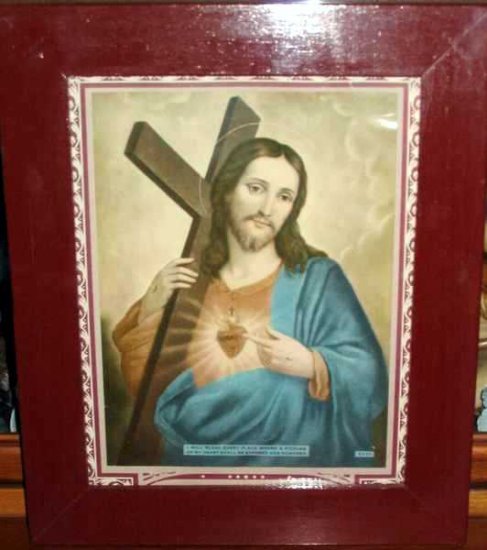 Vintage Wood Framed Sacred Heart Jesus Litho / Print
