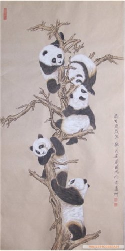 Chinese Original Painting Pandas on Tree