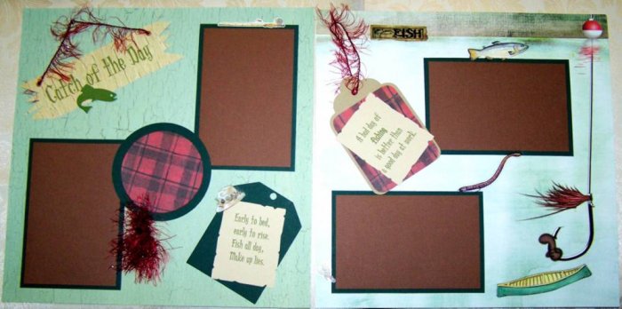 2 CUSTOM PREMADE SCRAPBOOK FISHING FISHERMAN PAGES