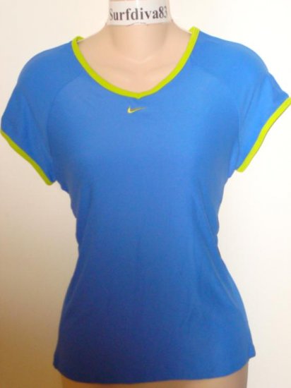 Nwt M 8-10 NIKE DRI-FIT Women Border Tee Top Shirt New Medium Blue Lime