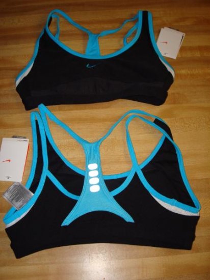 Nwt M 8-10 NIKE DRI-FIT Women Sport Bra Top Shirt New Medium Personal Best Black Blue