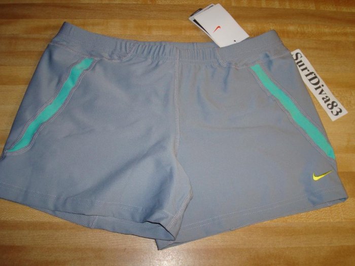 NwT L NIKE DRI-FIT Women Personal Best Run Shorts NeW Stealth Gray Azure Grenn