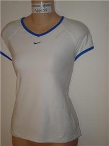 Nwt L NIKE Women Fit Dry Border Tennis Top Shirt New Large White Blue 206794-149