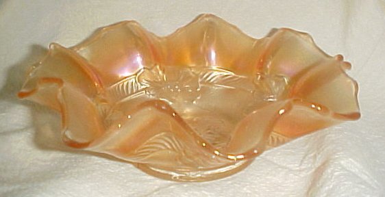 Diamond Glass Dugan Apple Blossom Marigold Iridescent 7" Carnival Glass Bowl Ruffled Edge