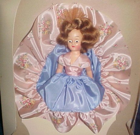 Vintage Hard Plastic 7" Fashion Doll Blue & Pink Flowered Satin Dress Sleep Eyes Original Box