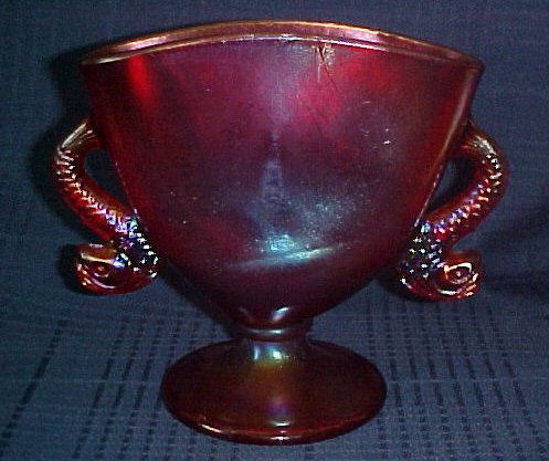 Frank Fenton Stretch Glass Society 6" Red Dolphin Handle Fan Vase 1994 Signed