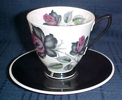 Royal Albert Masquerade Demitasse Footed Cup & Saucer White Cup Black & Maroon Roses