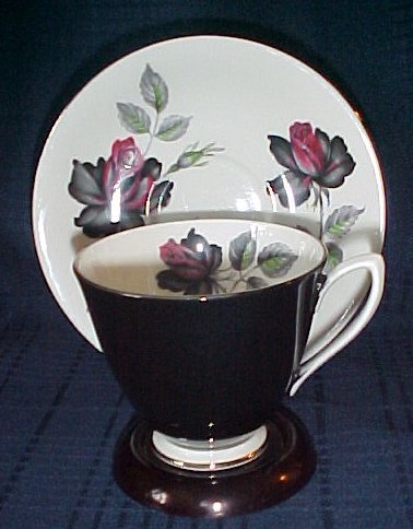 Royal Albert Masquerade Footed Cup & Saucer Black Tea Cup Black & Maroon Roses Platinum Trim