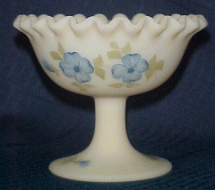 Fenton Hand Painted Dogwood Cameo Art Glass Ruffled Compote Signed Sandy Kelley