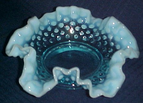 Fenton Blue Opalescent Hobnail Bonbon Candy Dish 389 Ruffled Crimped Edge 6"