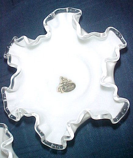 2 Fenton Silvercrest Double Crimp Milk Glass Bonbon Paper Worker's Label 6"
