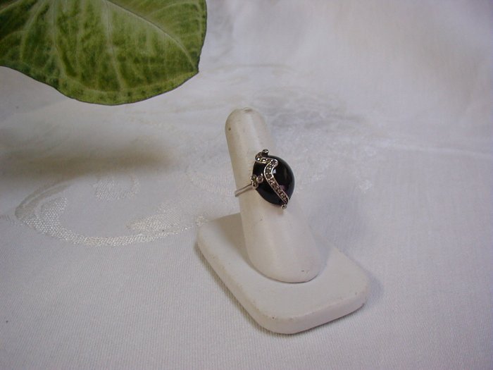 Sterling Silver,black onyx and marcasite ring, size 7 3/4