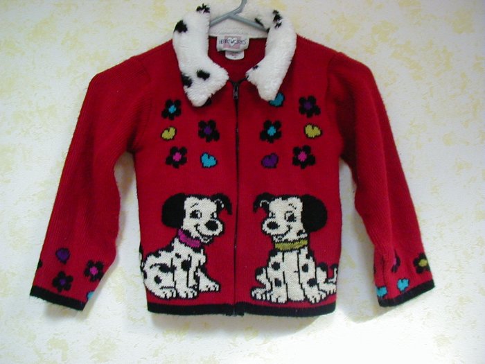 Girls red sweater with Dalmation dogs, long sleeve, size 4 (small) by Heartworks