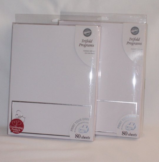 160 Wilton "Print Your Own" Trifold Wedding Progrms ~ White with Silver Hearts