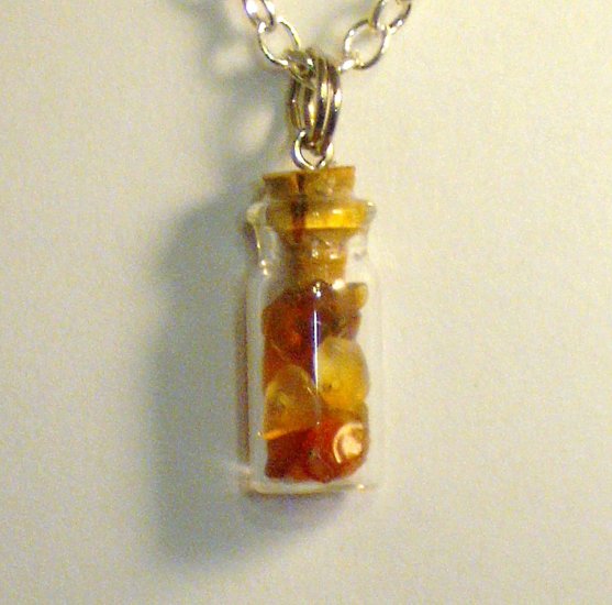OOAK Tiny Bottle Pendant w/Carnelian Stone Chips, Silver Plate Chain Necklace; made by Ms. J jewelry