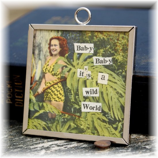 One of a Kind Framed Glass Pendant Wild Woman & Honey Hearts; made by Ms. J jewelry