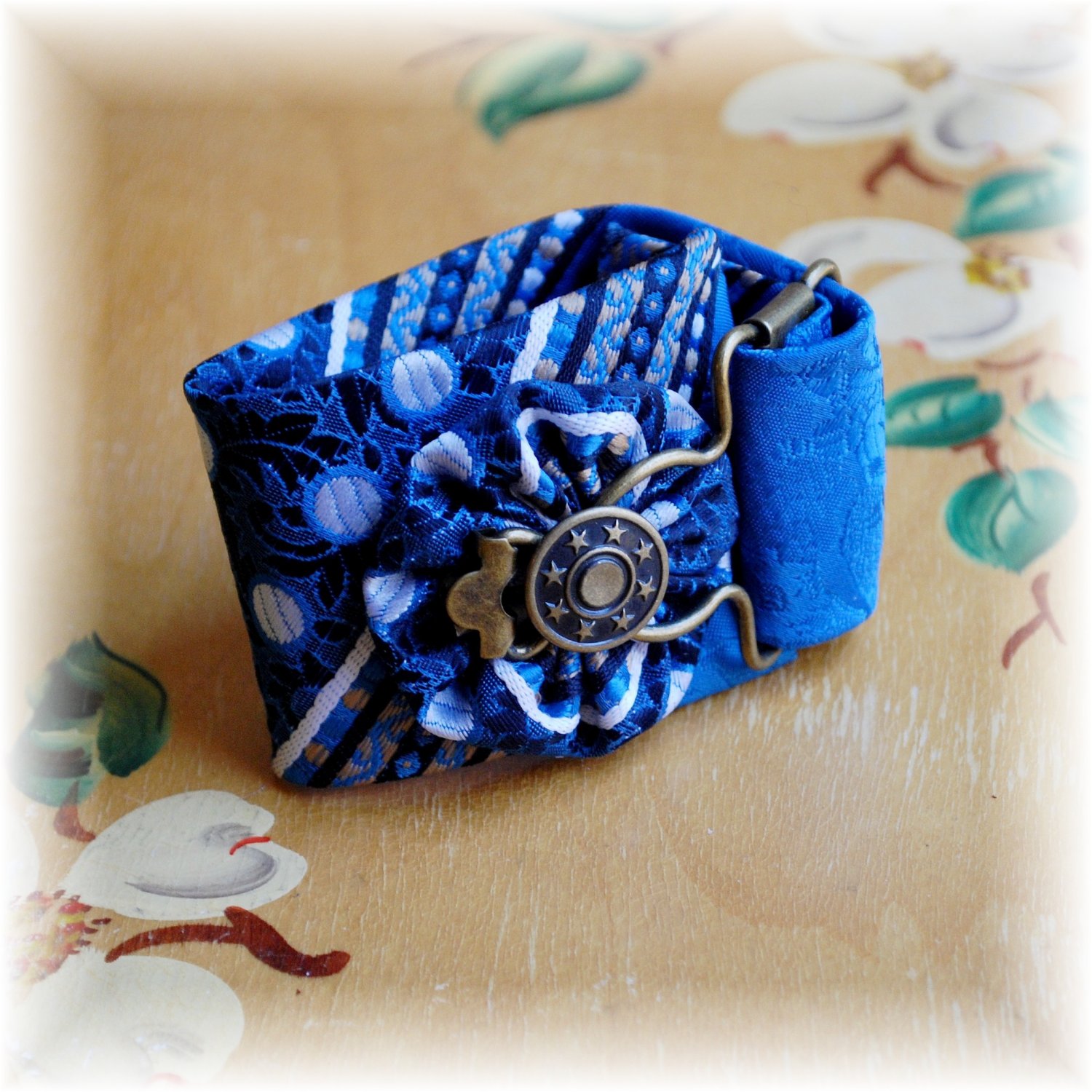 Bold Blue, White, & Black Vintage Neck Tie Cuff Bracelet; made by Ms. J