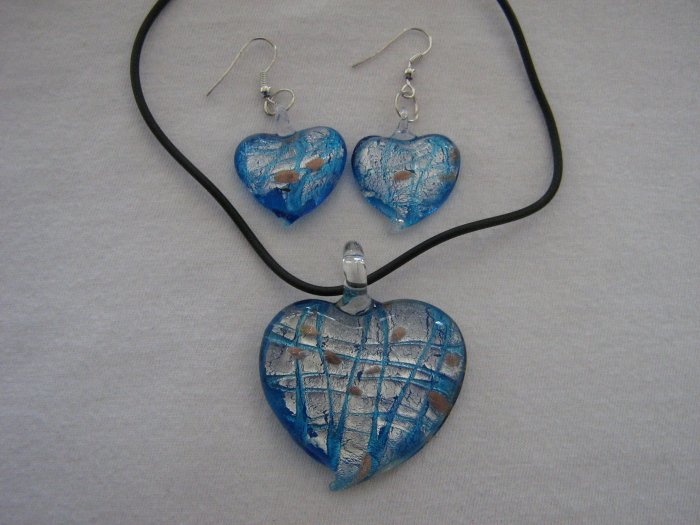 Handmade Lampwork Glass Heart Pendant & Earrings Turquoise Blue Silver & Gold Foil 3505