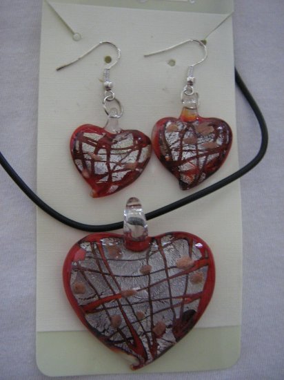 Handmade Lampwork Glass Heart Pendant & Earrings Red Silver & Gold Foil 3511