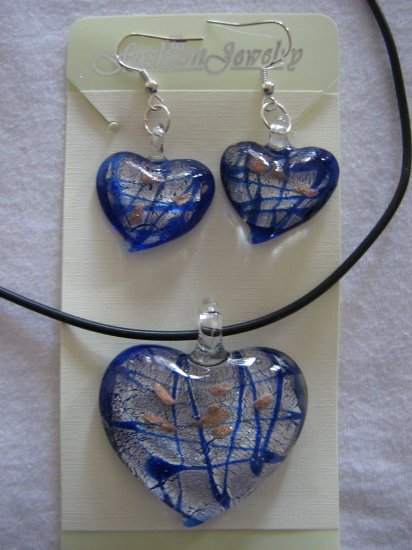 Handmade Lampwork Glass Heart Pendant & Earrings Royal Blue Silver Gold Foil 3520