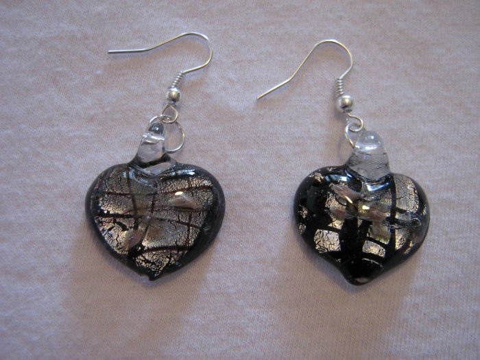 Handmade Lampwork Glass Heart Earrings Dark Brown, Silver & Gold Foil 3529