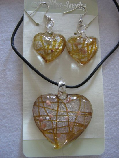 Handmade Lampwork Glass Heart Pendant & Earrings Dark Yellow Silver & Gold Foil 3514