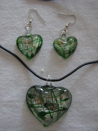 Handmade Lampwork Glass Heart Pendant & Earrings Green, Silver & Gold Foil 3525