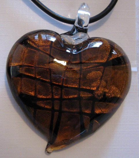 Handmade Dichroic Glass Heart Pendant Amber Brown Gold Foil A4