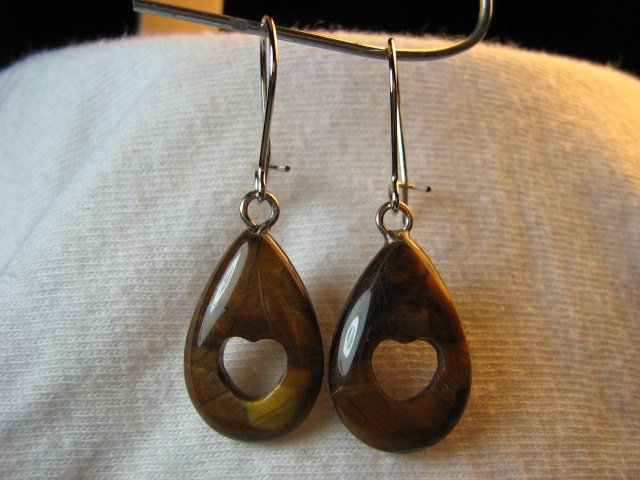 Tiger's Eye Natural Stone Teardrop Earrings with Heart Cutout NSE2