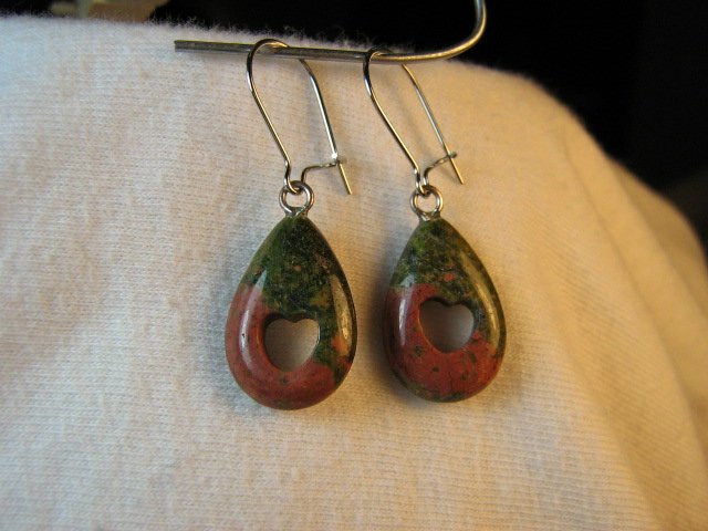Green & Pink Unakite Teardrop Earrings with Heart Cutout Stone Granite NSE8