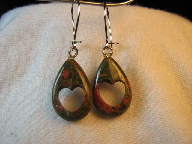 Green & Pink Unakite Teardrop Earrings with Heart Cutout Stone Granite NSE9