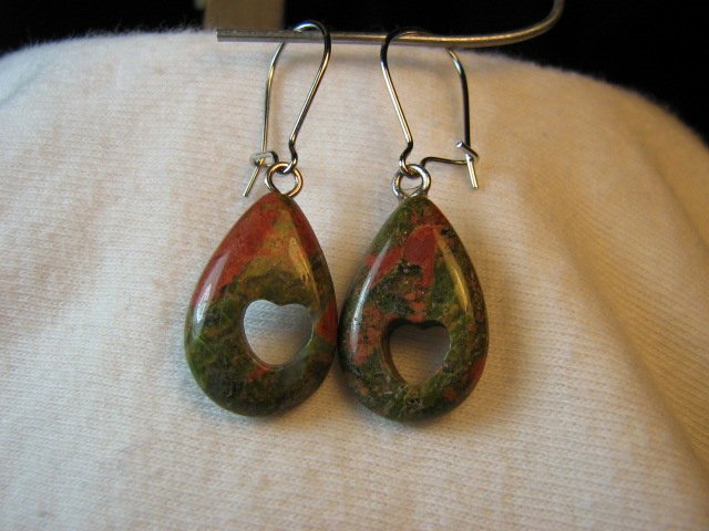 Green & Pink Unakite Teardrop Earrings with Heart Cutout Stone Granite NSE10