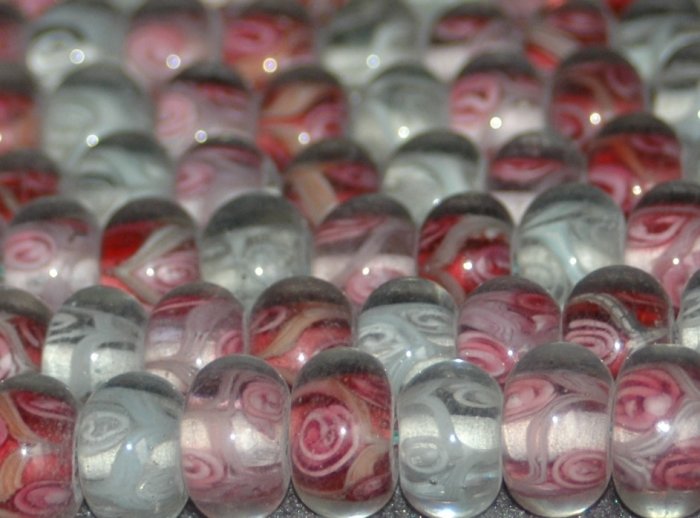 20 Lampwork rose & swirl Pink Rose White Mix beads