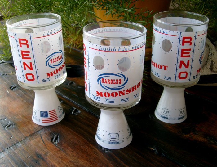 3 Vintage Harold's Casino Club Reno Nevada Moonshot Casino Liquid Fuel Red Line Drink Bar Glasses