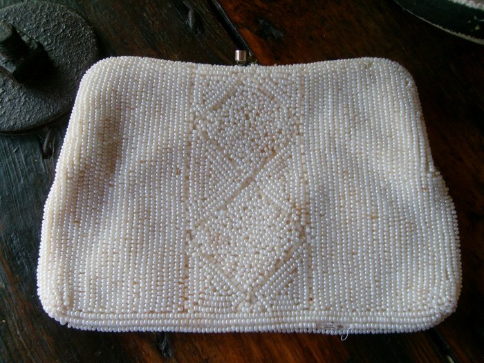 Vintage Micro Bead Beaded Clutch Evening Bag Purse 1940s Cream