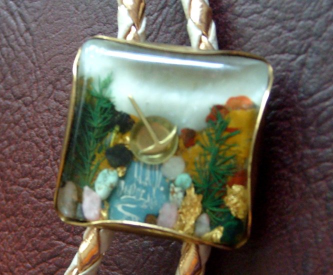 Vintage Lucite Semi Precious Stone Bolo Tie California Gold Rush Panning Pan 1950s 50s