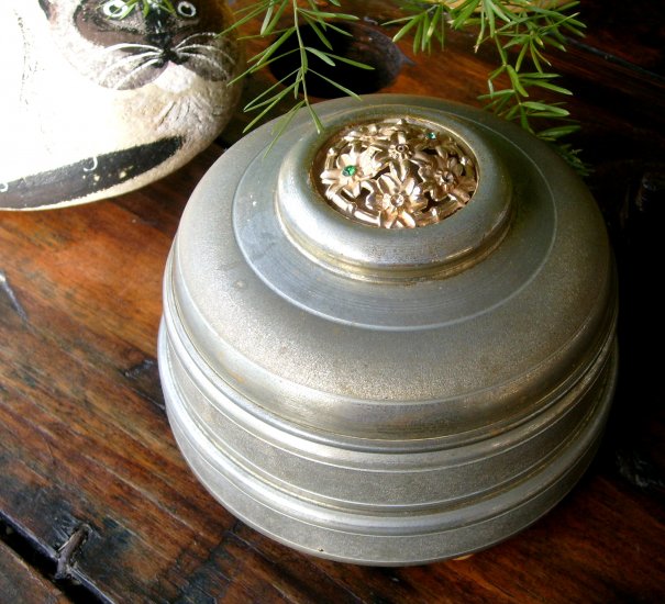 Shabby Vintage 1930s Anodized Aluminum Musical Powder Box gold Chic Gold Jeweled Motif