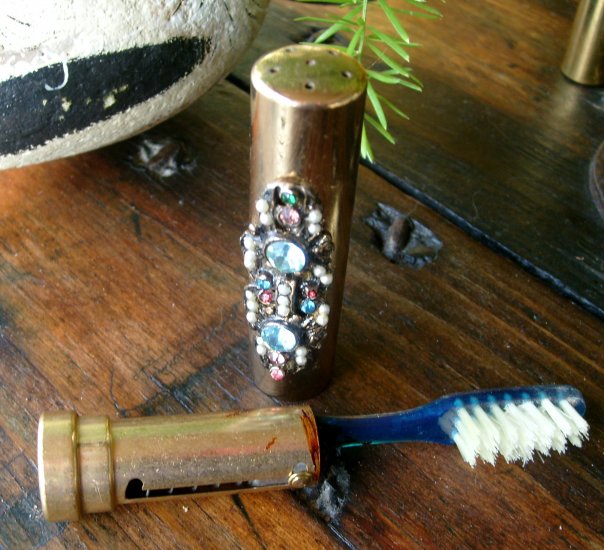 Jeweled Goldtone Travel Toothbrush Tube 1920 to 1940s Vintage Extremely Rare Art Nouveau Deco