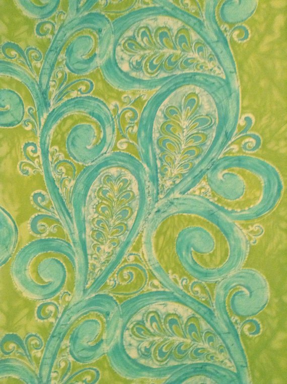 Home Decor Fabric - Blue Turquoise Paisley on Apple Green Background
