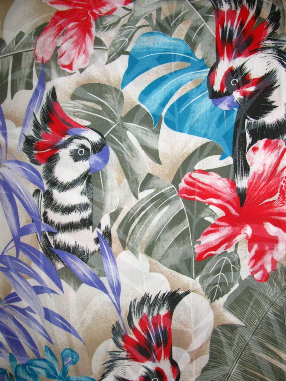 Cotton Fabric - Beautiful Tropical Fabric Parrots and exotic flowers pattern