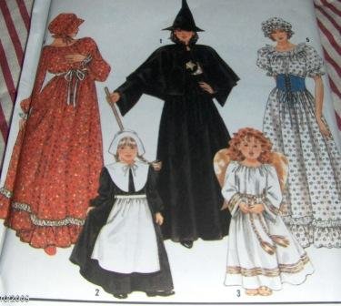 Simplicity 9982 Witch, Prairie Girl, Pilgrim girl, Angel costumes child size 2-12