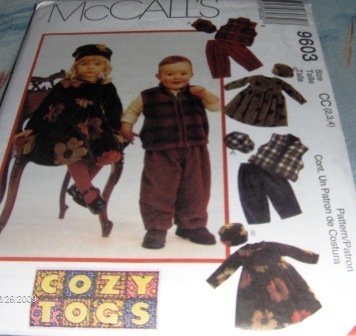 Toddlers Polar fleece dress, vest, pull-on pants and hats McCall's Sewing Pattern 9603 size 2,3,4